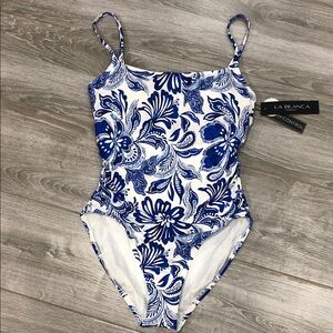 New La Blanca Blue & White Floral  One-Piece Swimsuit size 12